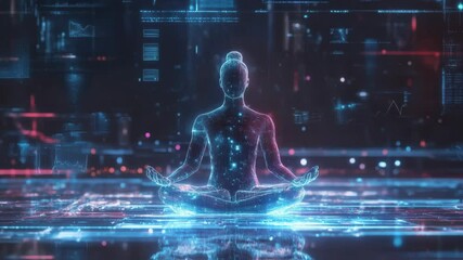 Holographic woman meditating in lotus position inside cyberspace, surrounded by futuristic hud and data streams, creating a serene yet technologically advanced atmosphere - Powered by Adobe