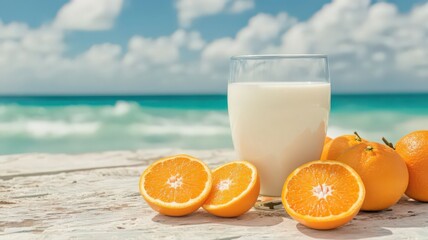 Refreshing Milk and Orange Slices on Beachy Background