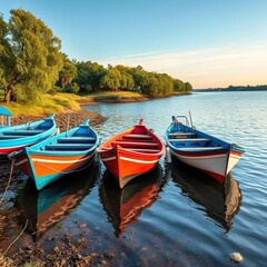 Obraz premium Boats moored near the shore with trees and grass, boats, trees, water