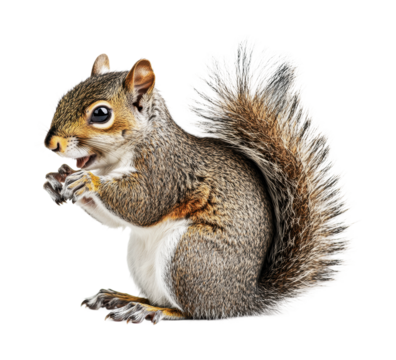 Cute squirrel enjoying a snack in natural habitat during autumn season, cut out