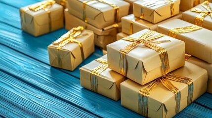 Gold Gift Boxes on Blue Wood Background - Holiday/festive themes