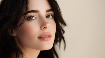 Fototapeta premium beautiful Caucasian woman with clear skin, cosmetic,beige background