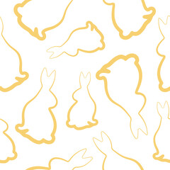 seamless pattern with simple icons of a rabbit sitting and turned to the right side in yellow color in line art style arranged randomly, for logos or various holiday designs