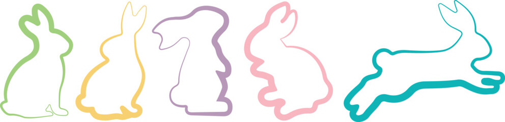 set of rabbits in various poses and various colors in line art style, for logos and holiday designs