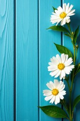Fototapeta premium Soft almond flowers against a vibrant blue painted wood backdrop, blue painted wood, spring bloom
