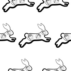 seamless pattern with simple icons of rabbit in the moment of jumping with rose buds in line art style, for logos or various holiday designs