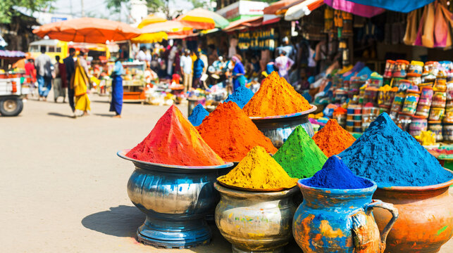 Traditional Holi powder arranged in gradient patterns on a smooth marble surface, with shallow depth of field and soft pastel colors in a minimalist, serene composition - Powered by Adobe