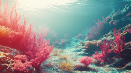 Fototapeta premium Vibrant Underwater Landscape with Thriving Plants and Corals