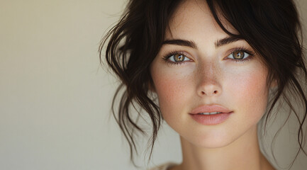 Fototapeta premium beautiful Caucasian woman with clear skin, cosmetic,beige background