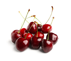 Many red sweet cherries on white background