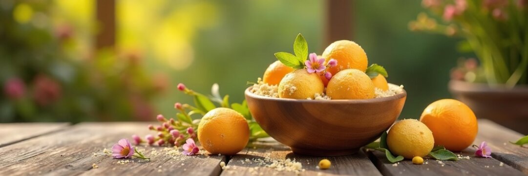 Vue du dessus d'un bol d'?ufs et de farine sur une table en bois avec des fleurs fra?ches, lumi?re naturelle, maison