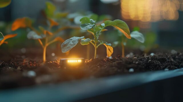 Closeup of an advanced IoT sensor embedded in the soil of a smart planter. The sensor glows softly sending data to a nearby holographic display that showcases the plants growth metrics