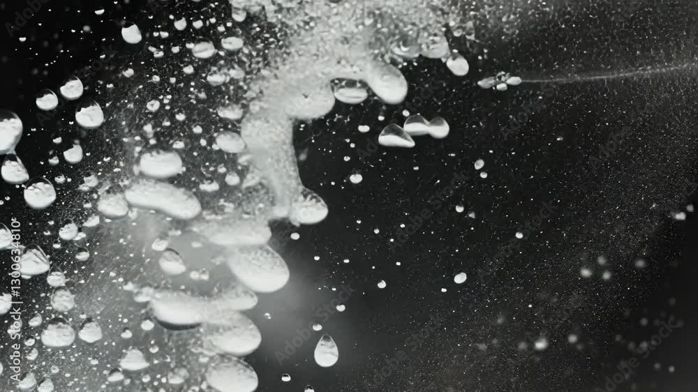 Poster water droplets dance on a surface while creating a mesmerizing abstract display in black and white