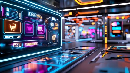 Naklejka premium Futuristic E-commerce Interface Neon Lights - Futuristic Technology
