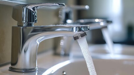 Running water flows from a shiny bathroom faucet.