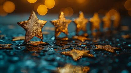 Glittering golden stars on a wet surface reflect the golden orange bokeh, creating a warm, luxurious and romantic atmosphere, perfect for celebration and inspirational themes.
