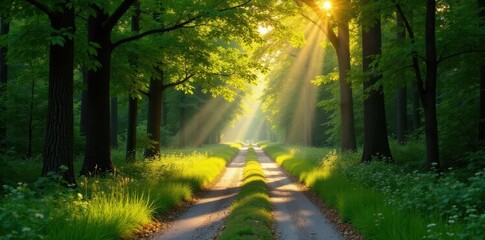 Obraz premium Sun-dappled forest path, winding country road, woodland, gravel road, spring