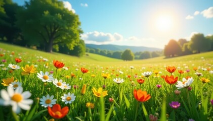 Obraz premium Sun-drenched meadow, vibrant wildflowers bloom , tranquil, texture, image