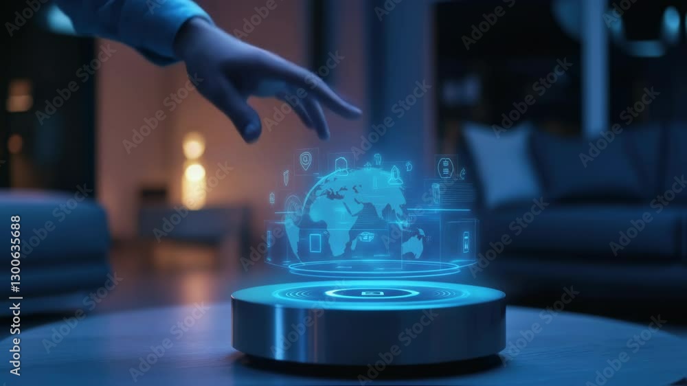 Poster engineer interacts with a holographic interface, managing smart home appliances and security systems