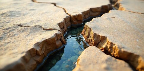 Crack in sandstone with water flowing through it, natural, water