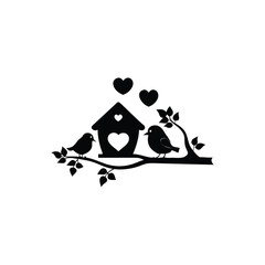 two birds on a branch with love icon.Valentines Day icon set vector illustration.