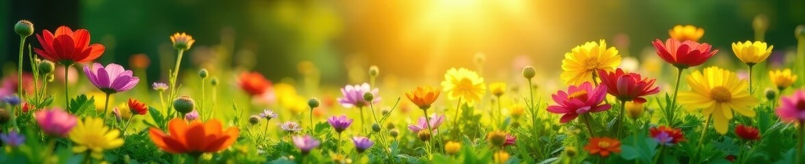 Obraz premium Sunlit profusion of wildflowers, diverse colors, lush green backdrop , idyllic, rural