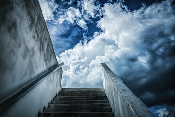 Fototapeta premium Staircases leading to doorways in the sky with dramatic cumulus cloud backdrop
