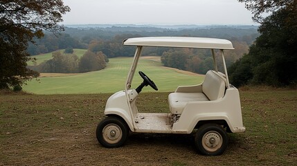 White golf cart on a hill overlooking a golf course