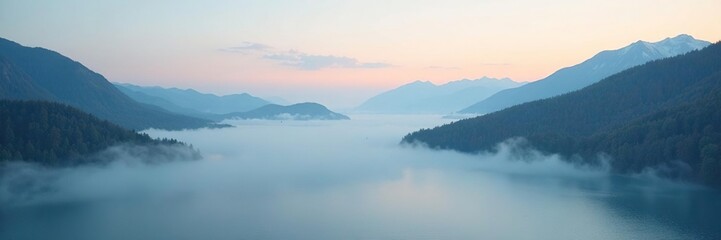 Misty morning atmosphere over Baikal lake and surrounding mountains, cloud, fog, lake