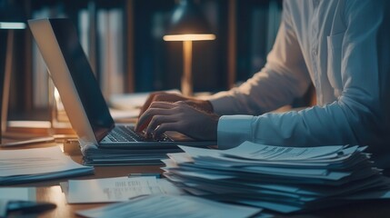 Financial audit. financial management. Business account tax report , Auditor use laptop for document database management and financial data analytics, and accounting record documents online