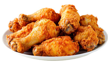 Crispy fried chicken pieces on a white plate against a transparent background. Golden brown color, appetizing texture