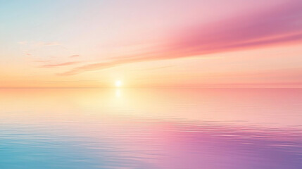 Fototapeta premium Serene Lake Reflecting the Warm Hues of a Soft Sunset with Pastel Pink, Orange, and Purple Tones Blending in the Sky and Water.