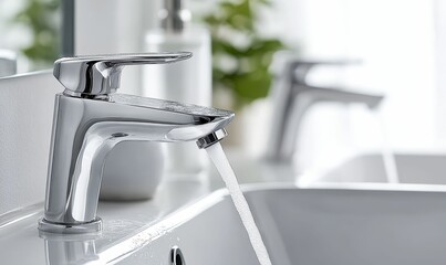 Chrome faucet dispenses flowing water into the sink.