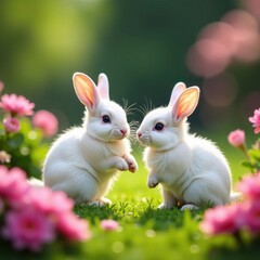 Obraz premium Two adorable rabbits playing near a mirror reflecting a flower garden , picture, happy, bunnies