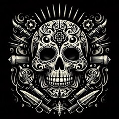 Elaborate Day of the Dead Skull Illustration with Symmetrical Ornamentation