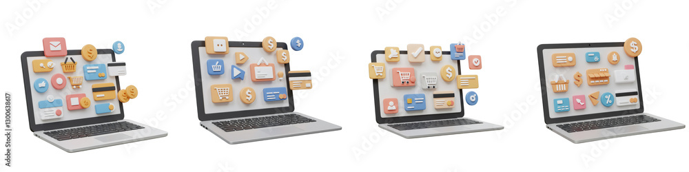 Poster four laptops displaying colorful app icons in 3d render