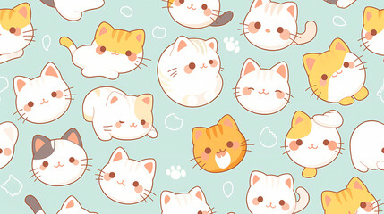 Cute cartoon cats playfully scattered on a pastel background, creating a cheerful and whimsical atmosphere