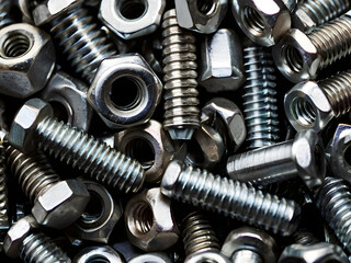 Precision Components: A macro view showcasing a collection of bolts and nuts, offering a detailed study of mechanical fasteners. The silver metallic sheen hints at industrial strength and durability.