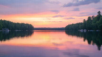 Obraz premium Serene Lake Reflecting the Warm Hues of a Soft Sunset with Pastel Pink, Orange, and Purple Tones Blending in the Sky and Water.