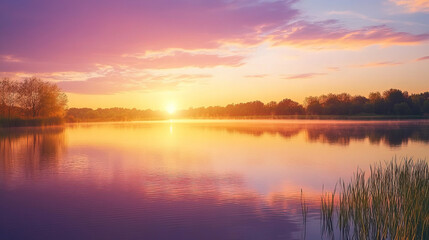 Fototapeta premium Serene Lake Reflecting the Warm Hues of a Soft Sunset with Pastel Pink, Orange, and Purple Tones Blending in the Sky and Water.