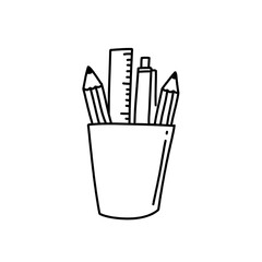 Glass of pen, pencil, ruler. School supplies doodle line art in vector