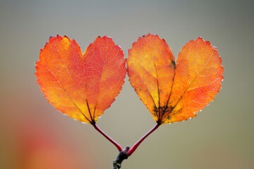 Fototapeta premium Two autumn leaves overlapping in heart shape with copy space left