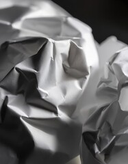 A macro shot of a crumpled piece of paper, emphasizing the shadows and highlights that bring out the texture and creases, showcasing the intricate folds and natural imperfections of the paper.
