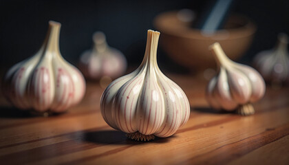 Spotlit garlic bulb in dark pantry setting, culinary symbolism