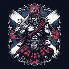 Furious scottish warrior illustration with aggressive posture and grunge emblem background