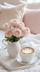 Beautiful arrangement of pink roses and latte art on a cozy table setting in a sunny living room