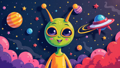 Fototapeta premium Friendly alien smiling in outer space with planets and stars, whimsical coloring