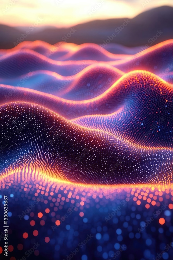 Poster abstract digital landscape with flowing waves of light and color, evoking a sense of depth and motio