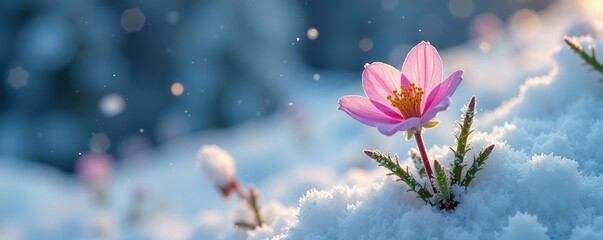 A delicate alpine flower in the midst of frozen snow and ice, evergreen, coniferous, frost
