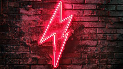 Bright neon lightning bolt sign illuminating a textured brick wall in an urban setting at night - Powered by Adobe